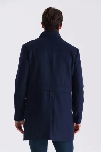 To'q ko'k Slim Fit tik yoqali baliq suyagi naqshli jun sport kurtkasi - 4