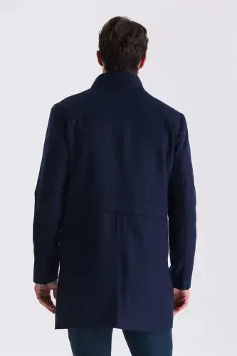 To'q ko'k Slim Fit tik yoqali baliq suyagi naqshli jun sport kurtkasi - 4