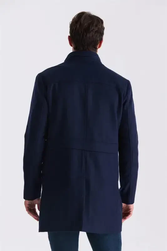 To'q ko'k Slim Fit tik yoqali baliq suyagi naqshli jun sport kurtkasi - 4