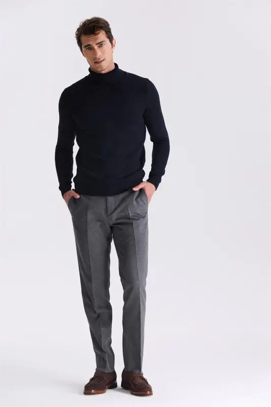 To'q ko'k Slim Fit To'liq Balikchi Yoqa Naqshli Triko Kozok - 2