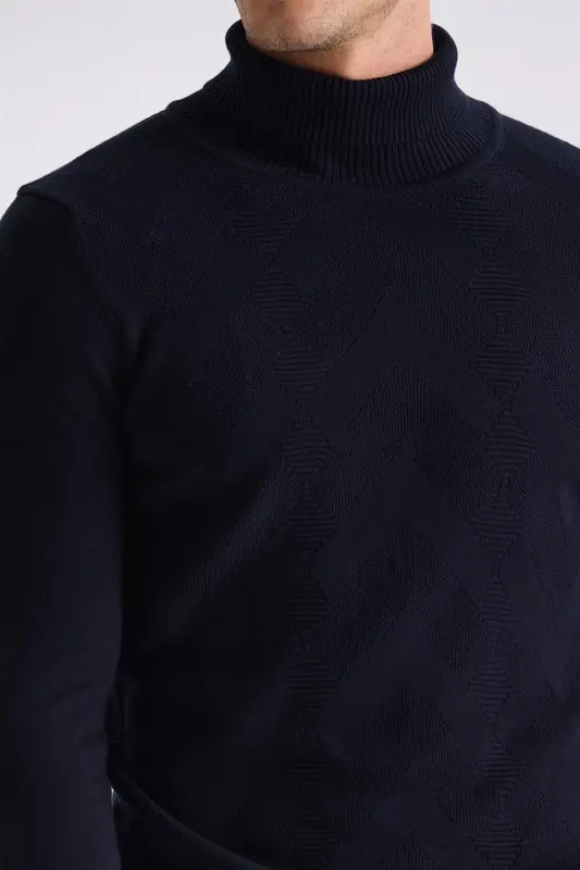 To'q ko'k Slim Fit To'liq Balikchi Yoqa Naqshli Triko Kozok - 3