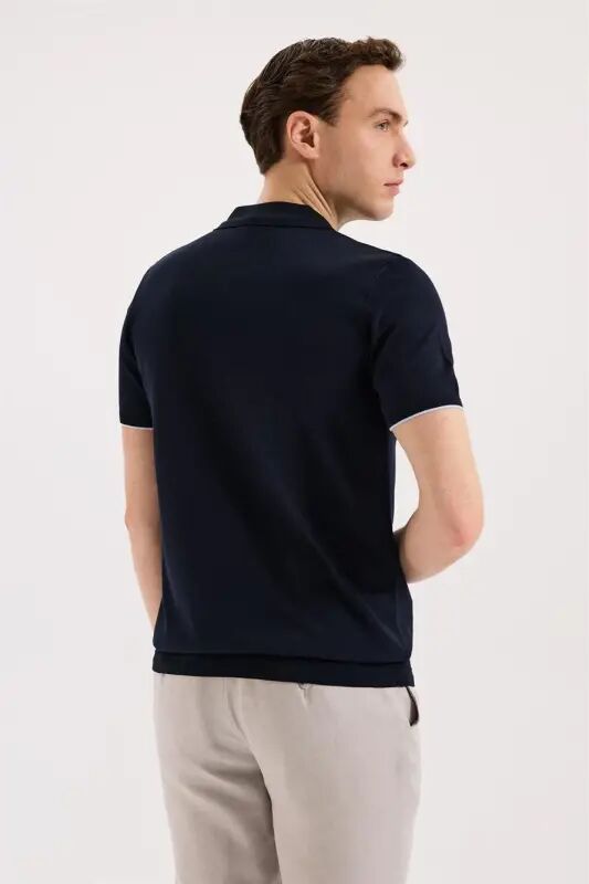 To‘q ko‘k Slim Fit trikotaj va zamokli polo yoqali T-shirt - 4