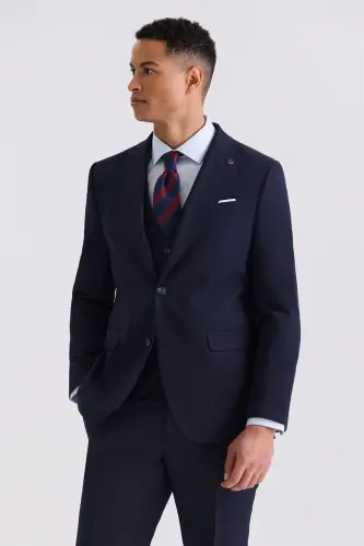 To'q ko'k Slim Fit uchli yoqali bambuk nimchali kostyum - 2