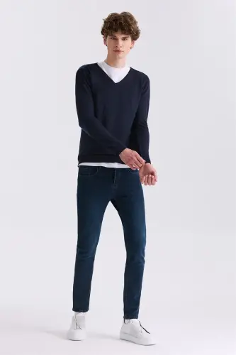 To'q ko'k Slim Fit V shaklli triko kozok - JAKAMEN (1)