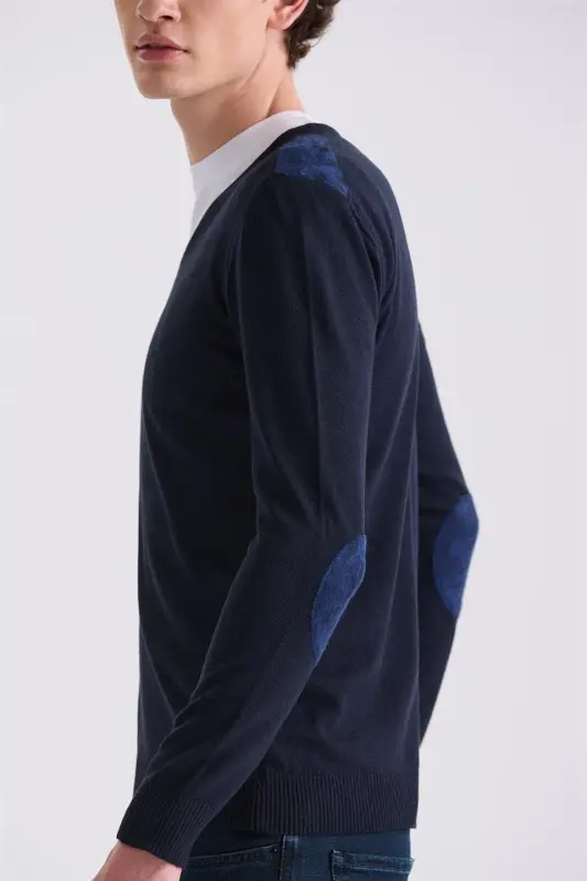 To'q ko'k Slim Fit V shaklli triko kozok - 3