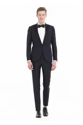 To'q ko'k tek rangli, zamonaviy, ingichka, kruvaze yoqali, to'qilgan smoking kostyum. - 3