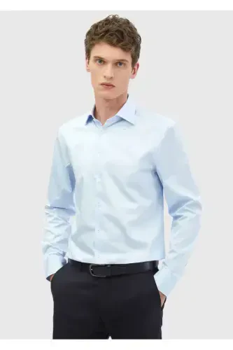 To'q ko'k tekis Slim Fit to'qilgan klassik 100% paxta ko'ylak - 1