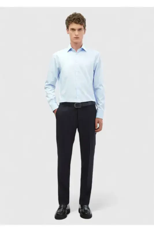 To'q ko'k tekis Slim Fit to'qilgan klassik 100% paxta ko'ylak - 2