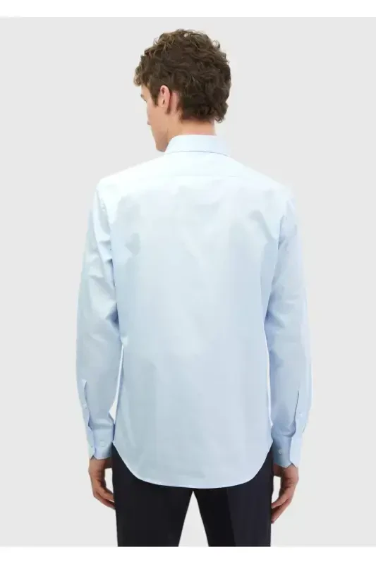 To'q ko'k tekis Slim Fit to'qilgan klassik 100% paxta ko'ylak - 5