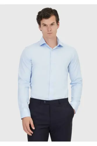 To'q ko'k tekis Slim Fit to'qilgan klassik 100% paxta ko'ylak - 1