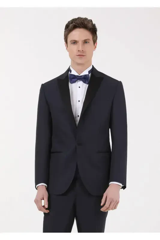 To'q ko'k tekis zamonaviy kruvaze yoqali to'qilgan smoking kostyum - 3