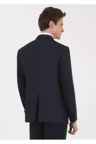 To'q ko'k tekis zamonaviy kruvaze yoqali to'qilgan smoking kostyum - 4