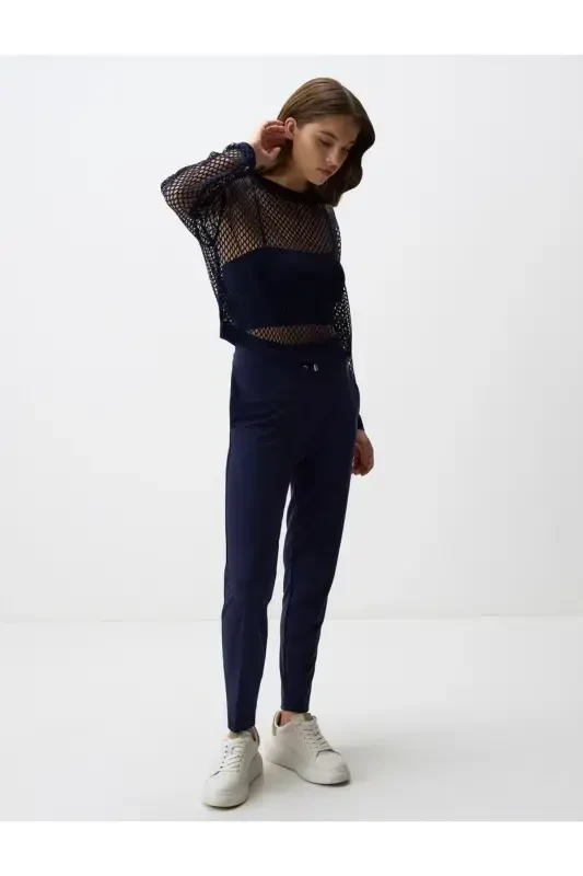 To'q ko'k, to'g'ri bichimli, oddiy etakli, baland belli trikotaj shim - To'q ko'k - 3