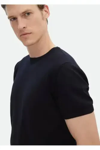 To'q ko'k velosiped yoqali tekis naqshli 100% paxta triko - 5