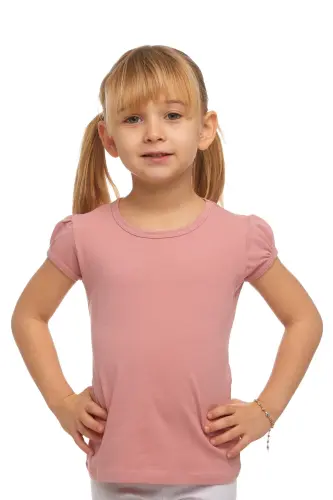 To'q kukun rangli qiz bolalar uchun bazaviy yumaloq yoqali va tarvuz yengli futbolka - DARK POWDER PINK 