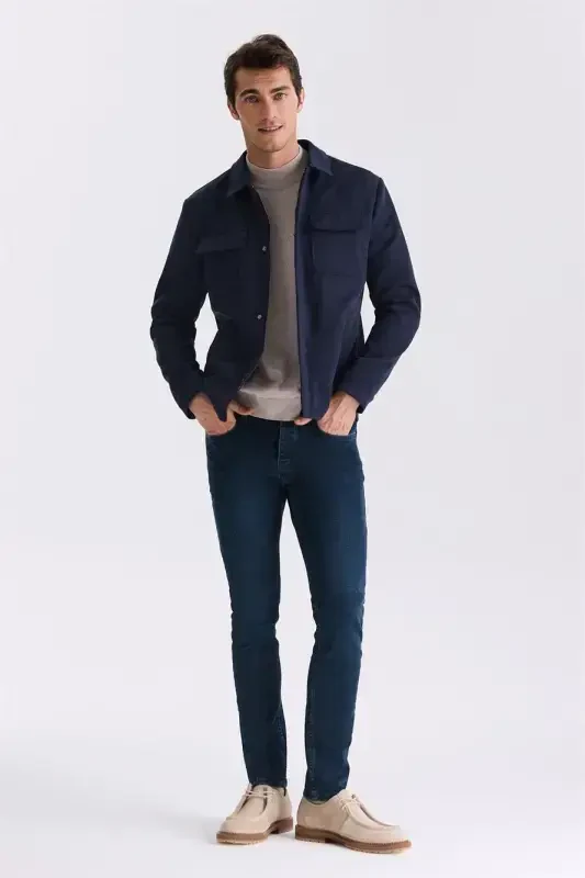 To'q moviy Comfort Fit go'dak yoqali mavsumiy palto - Modazone