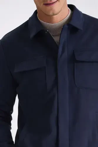 To'q moviy Comfort Fit go'dak yoqali mavsumiy palto - Modazone (1)