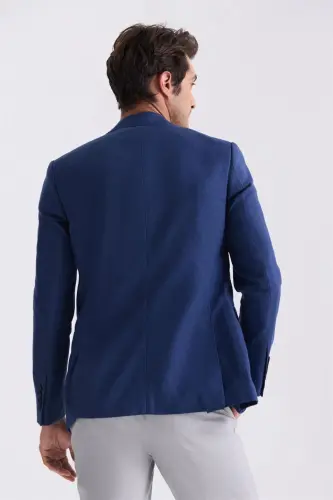 To'q moviy Slim Fit o'tkir yoqali zig'ir sport kurtkasi - 4