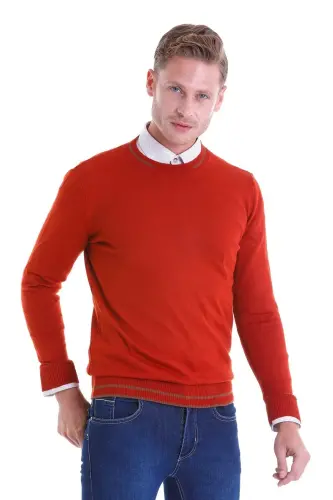 To'q sari Comfort Fit naqshli velosiped yoqali jun sviter - Oranj - 3