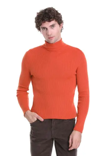To'q sari Slim Fit Ribajli Bo'yinbog'li Jun Trikotaj Sviter - To'q sari 