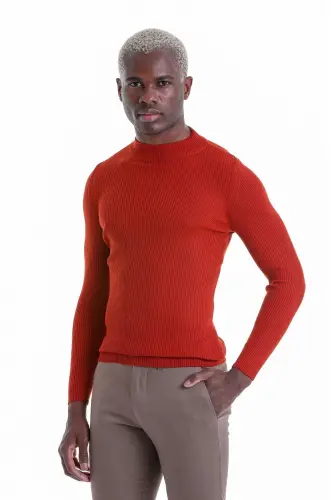 To'q sariq Slim Fit Fitilli yarim balıkçı yaka junli - 3