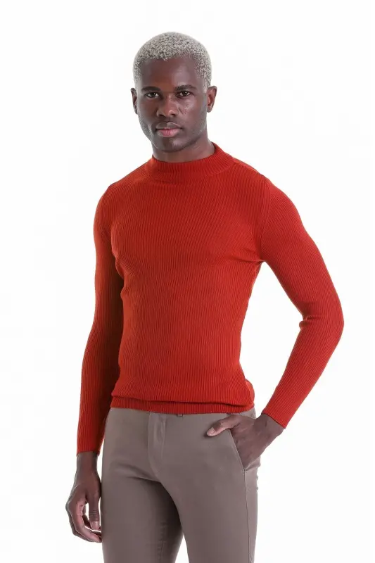 To'q sariq Slim Fit Fitilli yarim balıkçı yaka junli - 3