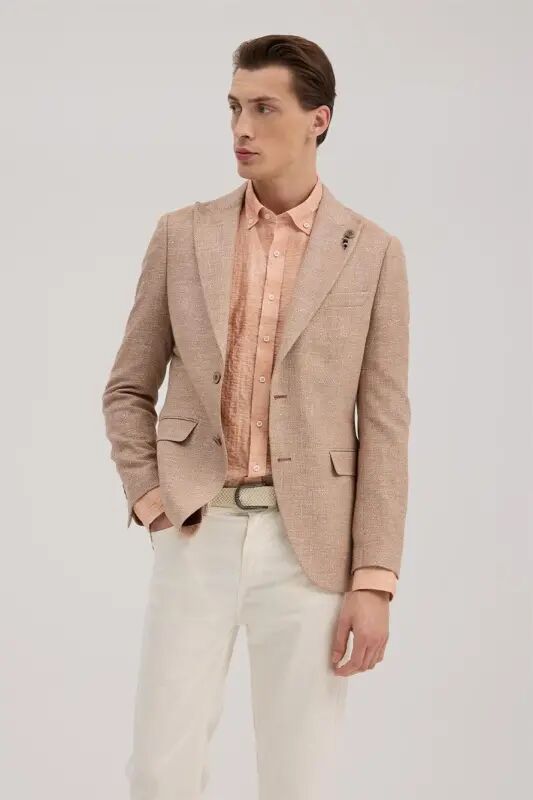 To'q sariq Slim Fit uchli yoqali naqshli kurtka - JAKAMEN