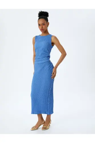 To'qimali Slim Fit Velosiped Yoqali Yengsiz Bluzka - Moviy - 1