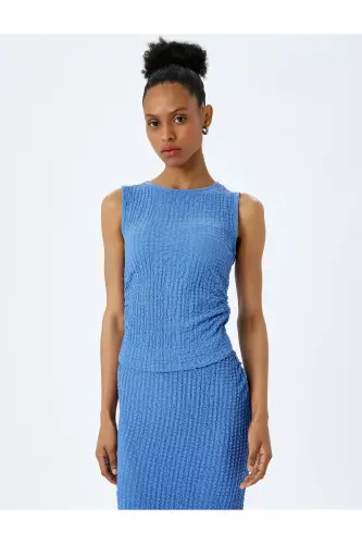 To'qimali Slim Fit Velosiped Yoqali Yengsiz Bluzka - Moviy - 3