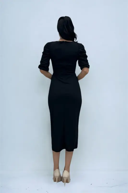 To'quv krep mato kvadrat yoqali yirtigli ko'ylak - QORA - 5