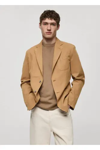 Tor kesimli zig'ir-paxta aralash blazer palto-Jigarrang 