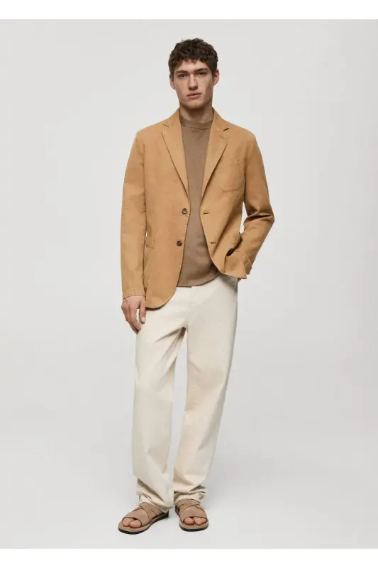 Tor kesimli zig'ir-paxta aralash blazer palto-Jigarrang - 2