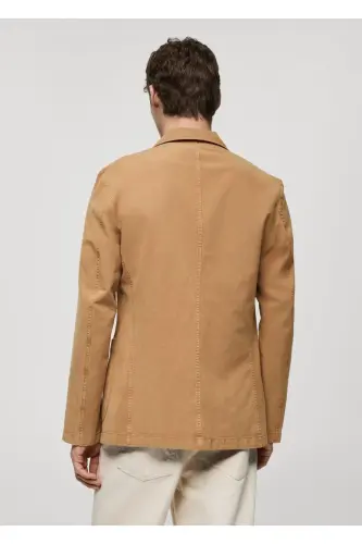 Tor kesimli zig'ir-paxta aralash blazer palto-Jigarrang - 4