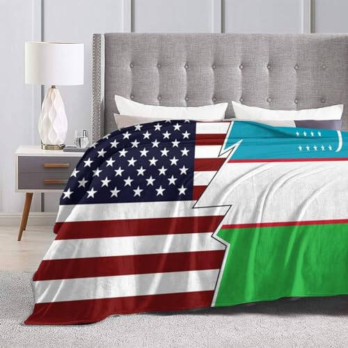 Torn Style American and Uzbekistan Flags Throw Blanket 40