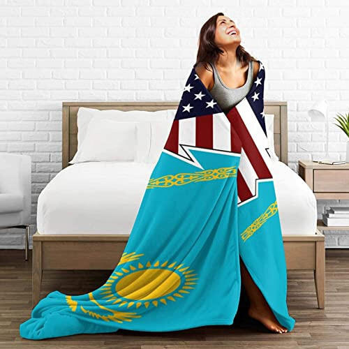 Torn Style Us and Kazakhstan Flags Throw Blanket 40