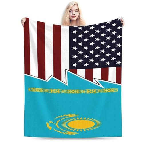 Torn Style Us and Kazakhstan Flags Throw Blanket for Couch 40