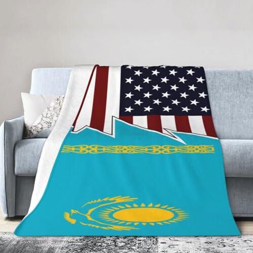 Torn Style Us and Kazakhstan Flags Throw Blanket for Couch 40