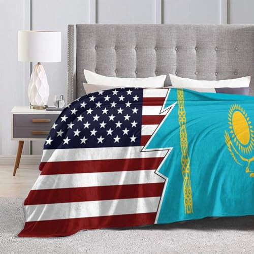 Torn Style Us and Kazakhstan Flags Throw Blanket for Couch 40