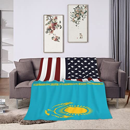 Torn Style Us and Kazakhstan Flags Throw Blanket for Couch 40