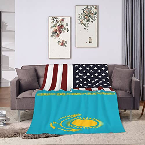 Torn Style Us and Kazakhstan Flags Throw Blanket for Couch 40