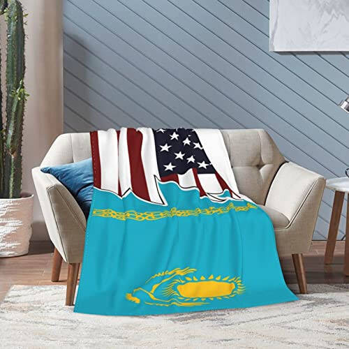 Torn Style Us and Kazakhstan Flags Throw Blanket for Couch 40