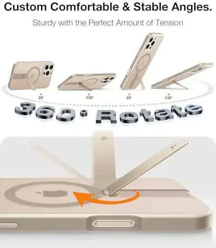 TORRAS 360 Spin Stand Magnetic iPhone 16 Pro Max uchun g'ilof, [To'liq kamera himoyasi][MagSafe uchun mos] [16FT harbiy darajadagi tushishdan himoya] PC & TPU g'ilof 16 Pro Max(6.9