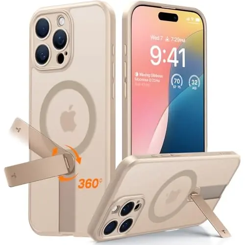 TORRAS 360 Spin Stand Magnetic iPhone 16 Pro Max uchun g'ilof, [To'liq kamera himoyasi][MagSafe uchun mos] [16FT harbiy darajadagi tushishdan himoya] PC & TPU g'ilof 16 Pro Max(6.9