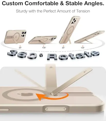TORRAS 360 Spin Stand Magnetic iPhone 16 Pro Max uchun g'ilof, [To'liq kamera himoyasi][MagSafe uchun mos] [16FT harbiy darajadagi tushishdan himoya] PC & TPU g'ilof 16 Pro Max(6.9