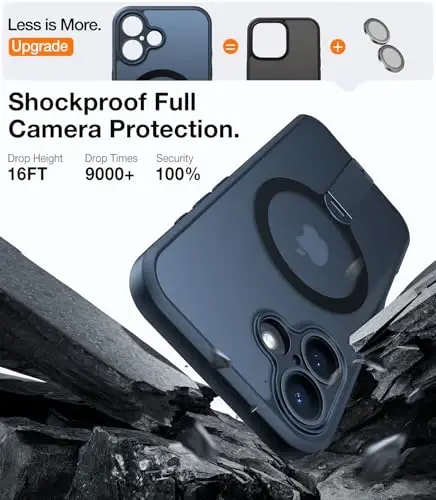 TORRAS 360° Stand & Magnetic Shockproof iPhone 16 Plus uchun g'ilof, to'liq kamera himoyasi, MagSafe uchun mos, 16FT harbiy darajadagi zarbaga chidamli nozik telefon g'ilofi iPhone 16 Plus 6.7