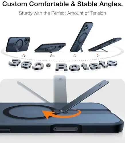 TORRAS 360° Stand & Magnetic Shockproof iPhone 16 Plus uchun g'ilof, to'liq kamera himoyasi, MagSafe uchun mos, 16FT harbiy darajadagi zarbaga chidamli nozik telefon g'ilofi iPhone 16 Plus 6.7