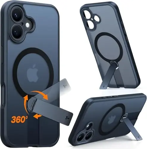 TORRAS 360° Stand & Magnetic Shockproof iPhone 16 Plus uchun g'ilof, to'liq kamera himoyasi, MagSafe uchun mos, 16FT harbiy darajadagi zarbaga chidamli nozik telefon g'ilofi iPhone 16 Plus 6.7