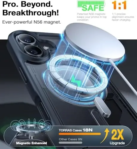 TORRAS 360° Stand & Magnetic Shockproof iPhone 16 Plus uchun g'ilof, to'liq kamera himoyasi, MagSafe uchun mos, 16FT harbiy darajadagi zarbaga chidamli nozik telefon g'ilofi iPhone 16 Plus 6.7