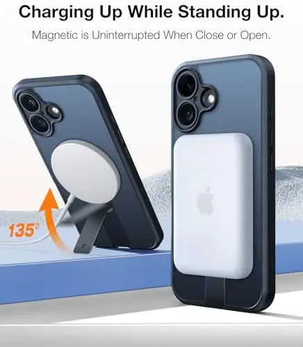 TORRAS 360° Stand & Magnetic Shockproof iPhone 16 Plus uchun g'ilof, to'liq kamera himoyasi, MagSafe uchun mos, 16FT harbiy darajadagi zarbaga chidamli nozik telefon g'ilofi iPhone 16 Plus 6.7