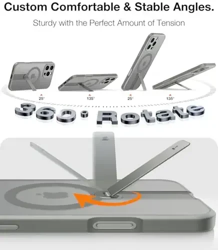 TORRAS 360 Stand & Magnetic Shockproof iPhone 16 Pro uchun g'ilof, to'liq kamera himoyasi, MagSafe uchun mos, 16FT harbiy darajadagi zarbga chidamli PC & TPU telefon g'ilofi iPhone 16 Pro 6.3